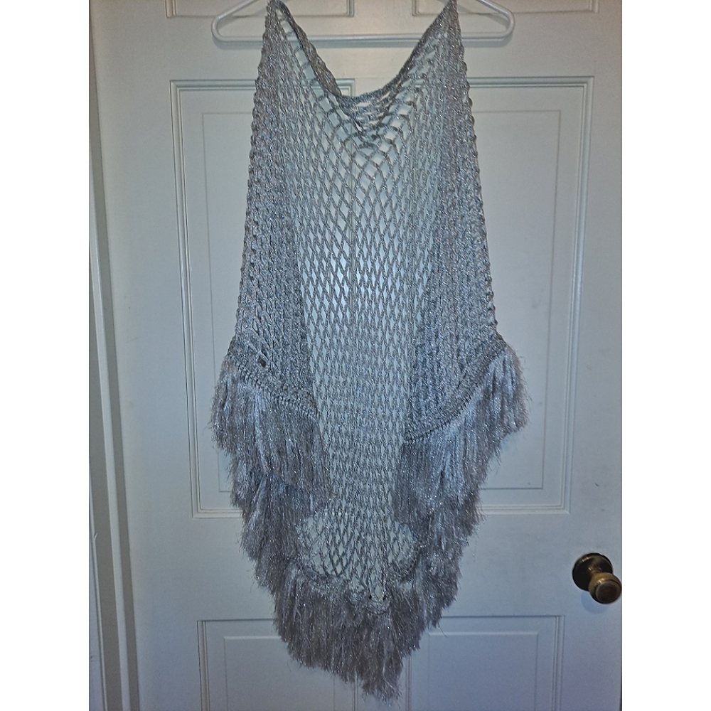 Silver crochet fringe cape cardigan vintage shawl party cover formal holiday